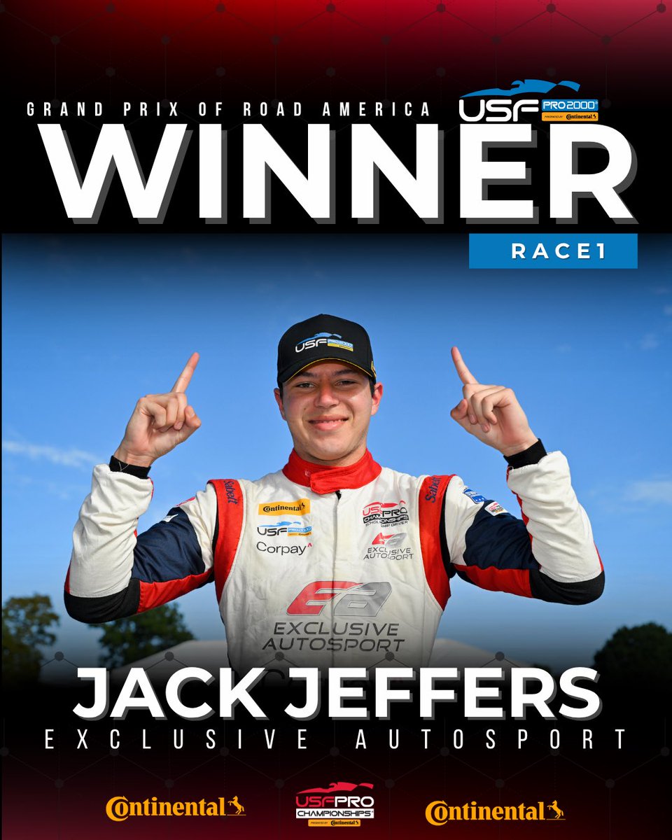 USFPro2000's tweet photo. A strong finish to the day for Jack Jeffers and Exclusive Autosport! Race 1 belongs to Jack as the USF Pro 2000 championship fight continues. ๐๐
#USFPro #INDYCAR #Motorsports #Continentaltire #VPRacing https://t.co/d2XJ9qX3RY