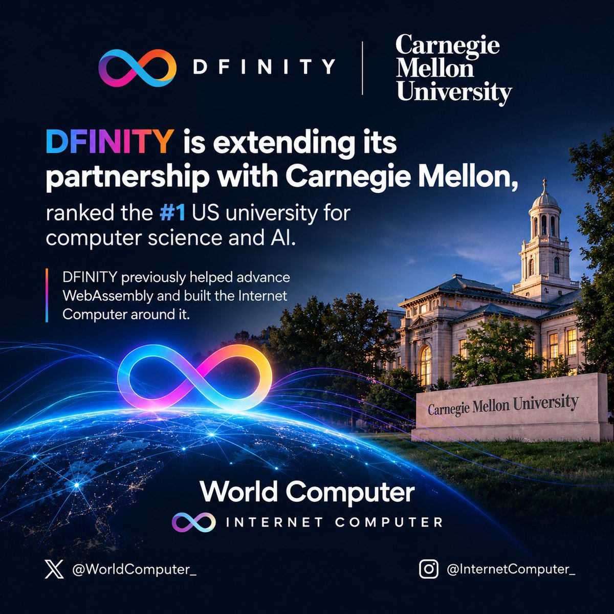 WorldComputer_'s tweet photo. DFINITY EXTENDS PARTNERSHIP WITH CARNEGIE MELLON ♾️ $ICP https://t.co/Lap6sKV4H3