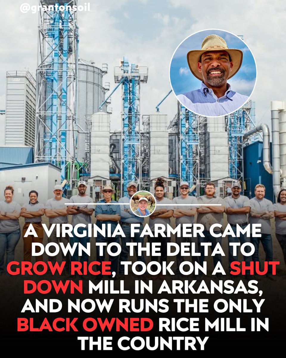 grantonsoil's tweet photo. A Virginia farmer drove down to Arkansas to buy an idle mill, and now runs the only Black owned rice mill in the country.

PJ Haynie farms land his family has worked since his ancestors were enslaved there.

He and farmer Billy Bridgeforth bought a shuttered Pine Bluff mill in 2021 and now run it at about 22 tons of rice an hour.

Track down the rice growers and small mills near you on Localize.
Sources: CNN