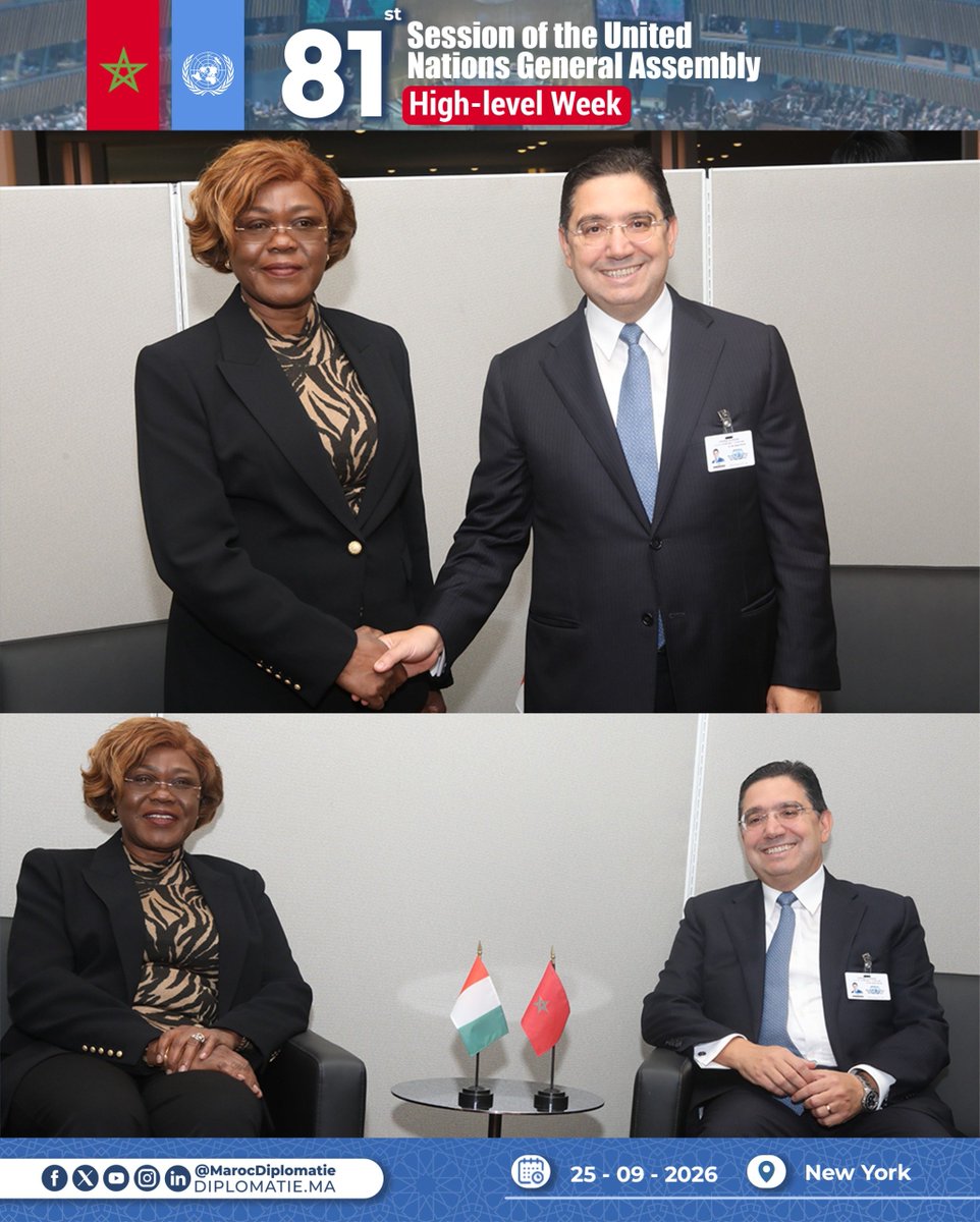Marocdiplo_EN's tweet photo. 🇲🇦- 🇨🇮On the sidelines of the High-Level week of the 81st session of the UN General Assembly, MFA Nasser Bourita held talks, today in New York, with his counterpart from Côte d’Ivoire, Ms. Nialé Kaba https://t.co/V82SsDVP9n