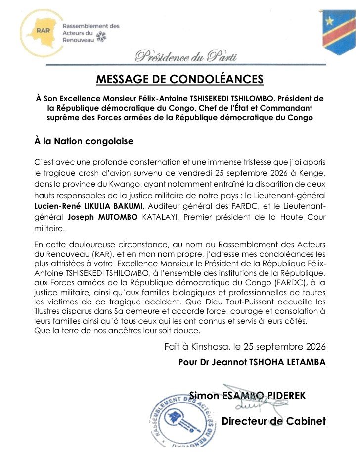 simon_piderek's tweet photo. Le Président national du parti RAR, Dr Jeannot TSHOHA LETAMBA @JLetamba présente ses condoléances les plus attristées au Chef de l'État commandant suprême des forces armées et à la nation Congolaise, @Presidence_RDC @ExMinDelegue @gouvernement https://t.co/DLfziahUZo