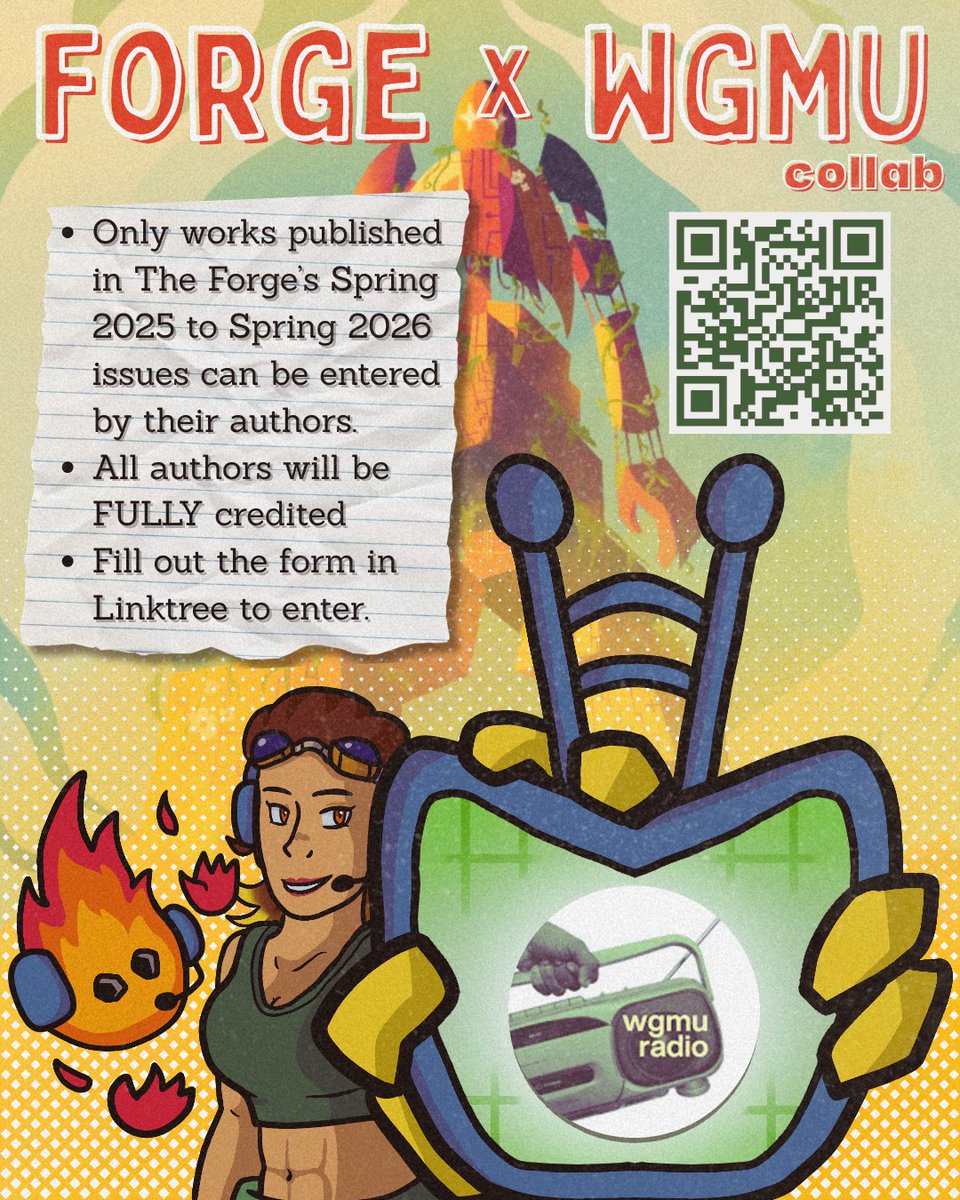 TheForgeGMU's tweet photo. Do you have literary work(s) published in The Forge?
Join us as we collaborate with @WGMU to bring your works to a new medium and read aloud on Mason’s official radio!

Fill out the form here to enter: https://t.co/XXdq27RbiT

📌 For any questions, contact forge@gmu.edu https://t.co/kuMT0Ckl9u