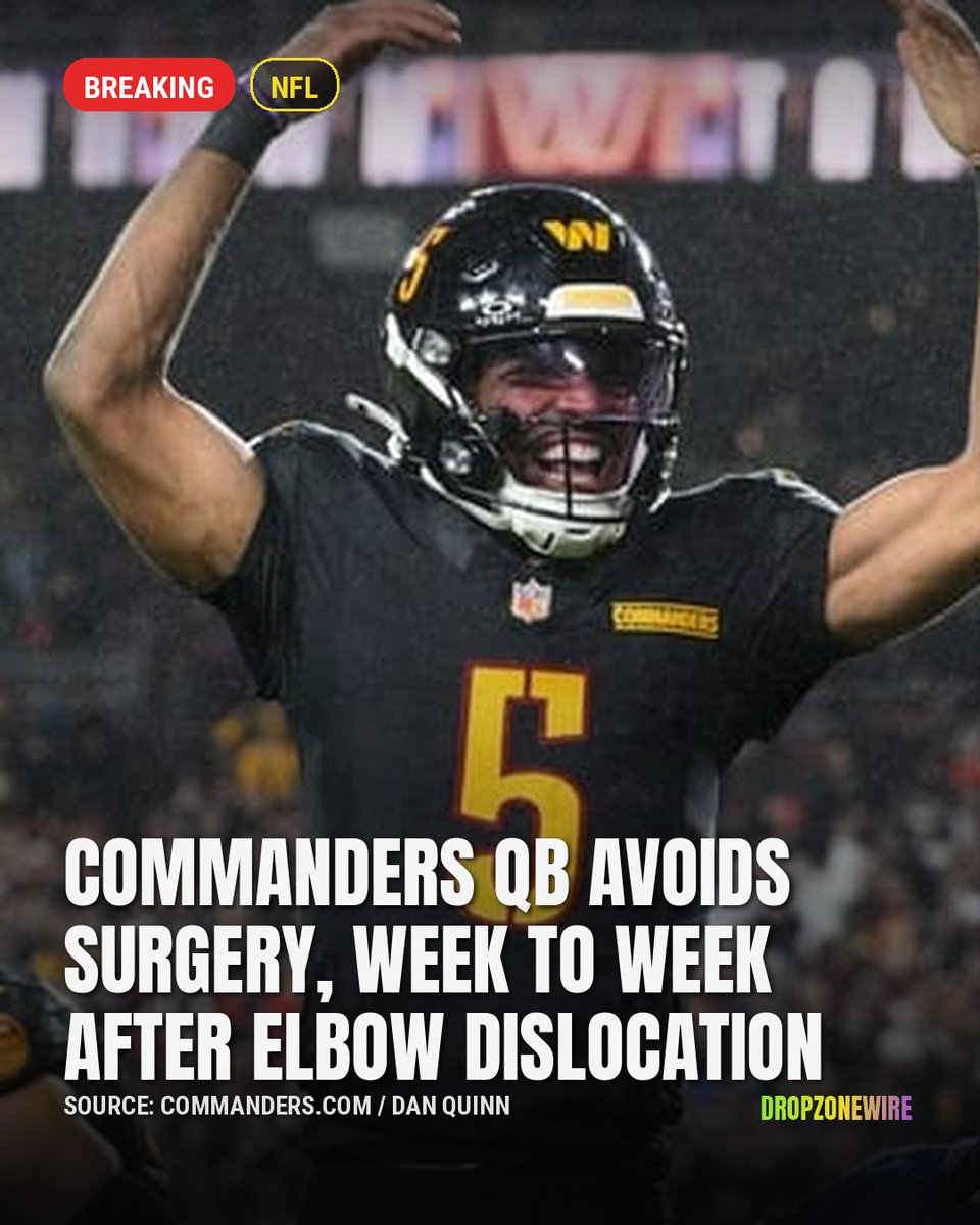 dropzonewire's tweet photo. Jayden Daniels will avoid surgery and is week to week after dislocating his elbow. When should Washington bring him back? https://t.co/G7kS2p3Q8m