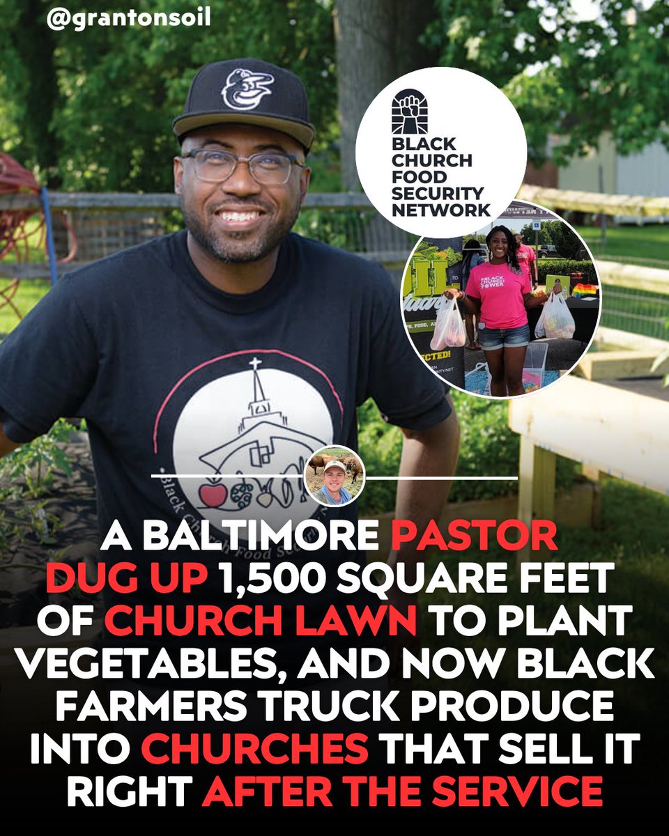 grantonsoil's tweet photo. A Baltimore pastor tore up 1,500 square feet of church lawn to grow vegetables, and it turned into a produce supply chain running through Sunday service.

Heber Brown started the garden at Pleasant Hope Baptist in 2010 because too many people in his pews were getting sick from what they ate.

In 2015 he asked Black farmers from the countryside to start driving food into the city.

Find the farm stands selling near you with Localize.
Sources: Baltimore Magazine