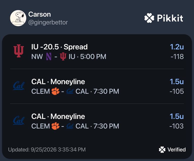 GingerBettor's tweet photo. Both plays placed on Tuesday, both plays with terrible CLV🤓

Cal write-up is in the profile, but loving Indiana a ton here, too. As a TCU fan, watching Josh Hoover the last 2 years, this is the type of games he feasts in. He thrives under no pressure. First big-10 game, large spread, home crowd is gonna be buzzing on a Friday night rooting for him to shoot the lights out. Cignetti hasn’t covered the spread yet this year, and he’s the typa coach to acknowledge this. Call me crazy, but you know boosters are taking spreads and are upset. Cignetti loves to run it up, expect points in bunches. 

Their defense is still as dominate as it was last year, I see no way Aiden Chiles does a damn thing here. Last year, at MSU, Indiana belted Chiles and Pat Fitzgerald despite having a look ahead spot at Oregon. With their heads not fully in the game, they dominated Chiles holding him to 150 passing yards. Expect the same thing. 

Indiana BTA from start to finish tonight.