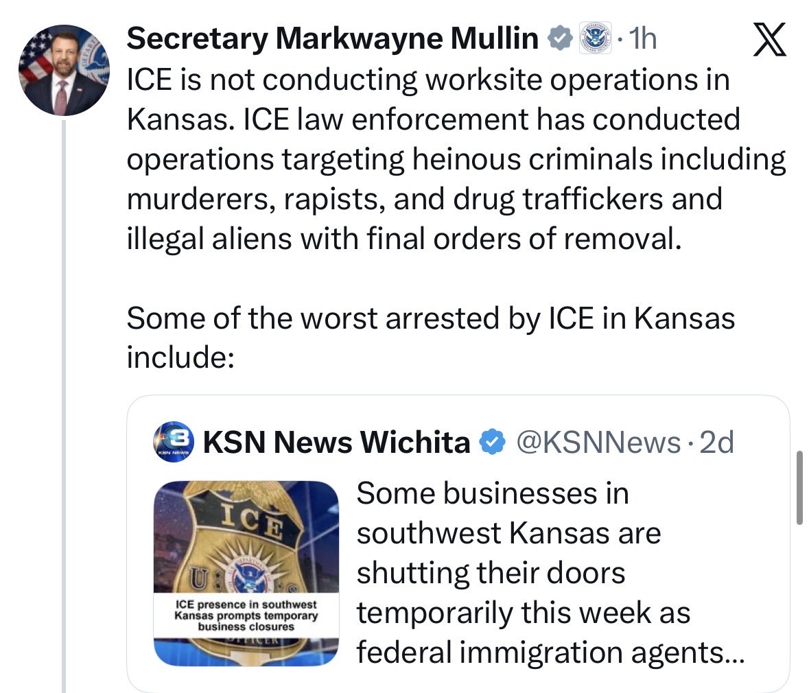 BreannaMorello's tweet photo. There you have it, folks!

Mass Deportations aren’t happening.

MarkWanye Mullin says DHS is waiting to arrest illegals AFTER they commit a vile crime.

Mullin only wants to arrest illegals after they create a victim.

Let be clear—no one voted for this. https://t.co/BonhUKwiVO