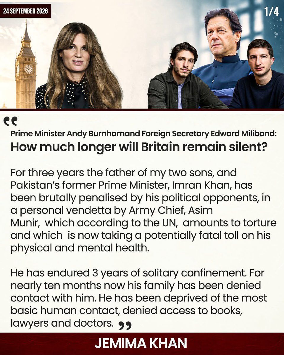 PTIOfficialCA's tweet photo. Powerful and urgent plea from @Jemima_Khan. No individual should endure years of isolated detention without basic medical care or contact with their children, British citizens who deserve to see their father. The UK government must stand unequivocally for international human rights standards.
@FCDOGovUK @andyburnham @Ed_Miliband 
@HRCP87 @Jemima_Khan 
#ہمارا_مارچ_ہماری_مرضی