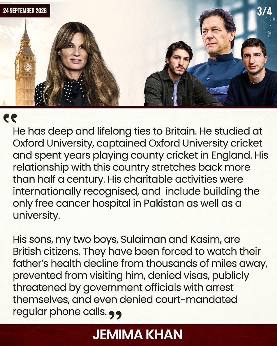 PTIOfficialCA's tweet photo. Powerful and urgent plea from @Jemima_Khan. No individual should endure years of isolated detention without basic medical care or contact with their children, British citizens who deserve to see their father. The UK government must stand unequivocally for international human rights standards.
@FCDOGovUK @andyburnham @Ed_Miliband 
@HRCP87 @Jemima_Khan 
#ہمارا_مارچ_ہماری_مرضی