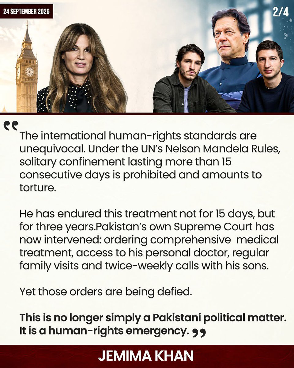 PTIOfficialCA's tweet photo. Powerful and urgent plea from @Jemima_Khan. No individual should endure years of isolated detention without basic medical care or contact with their children, British citizens who deserve to see their father. The UK government must stand unequivocally for international human rights standards.
@FCDOGovUK @andyburnham @Ed_Miliband 
@HRCP87 @Jemima_Khan 
#ہمارا_مارچ_ہماری_مرضی