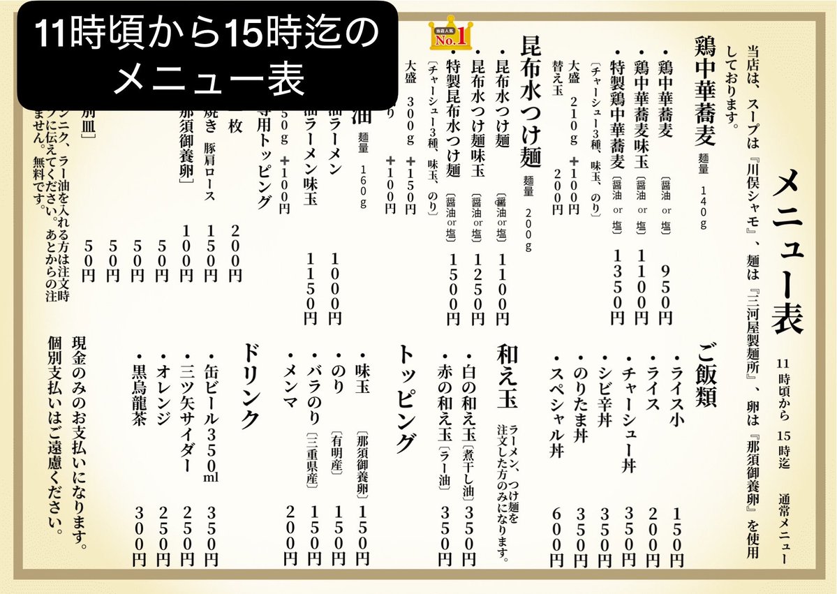 2025aoki's tweet photo. おはようございます。

9月26日(土)

8時から11時頃迄
淡麗煮干し、濃厚煮干しラーメン

11時頃から15時迄
通常メニュー
鶏中華蕎麦、昆布水つけ麺、豚骨醤油ラーメン

本日もお客様のご来店お待ちしております。 https://t.co/uMLZbiWolI