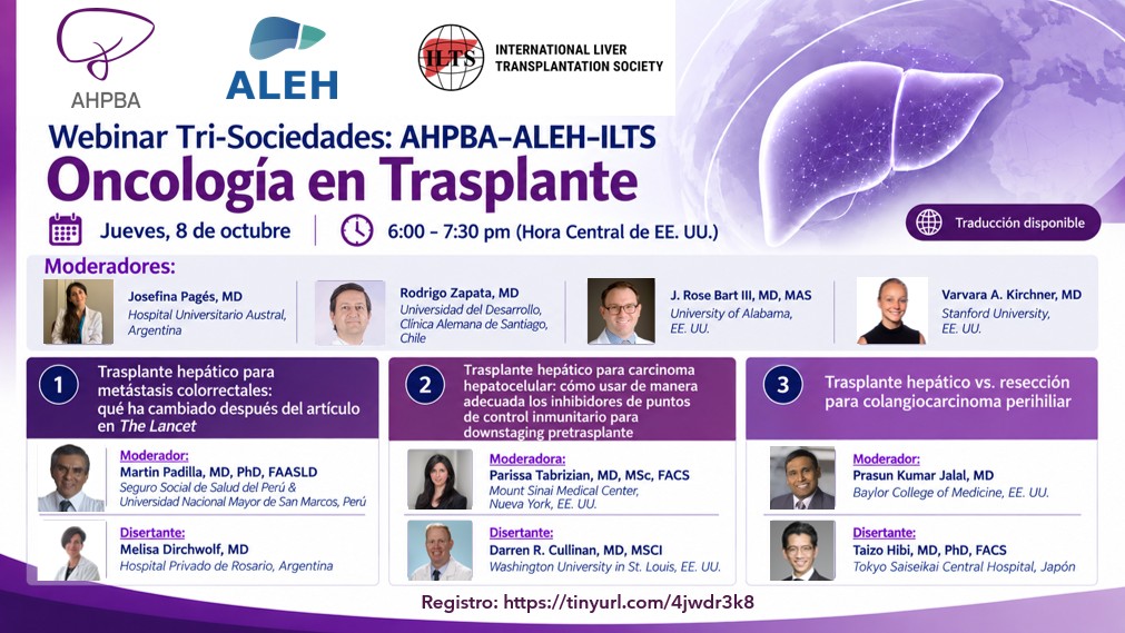_ILTS_'s tweet photo. Join #ILTS, AHPBA and ALEH for a free Tri-Society Webinar on Transplant Oncology — October 8, 6:00 to 7:30 PM CT. Colorectal metastases, HCC and immune checkpoint inhibitors, and perihilar cholangiocarcinoma. Translation available. 

Register: https://t.co/8JYrTKt9tv https://t.co/lirmNCq0Tl