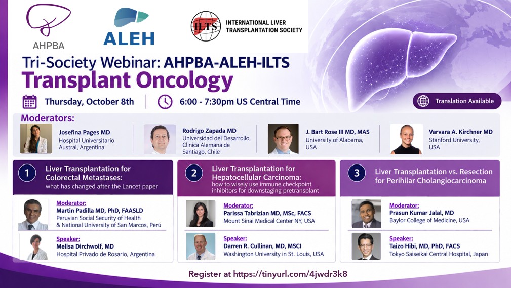 _ILTS_'s tweet photo. Join #ILTS, AHPBA and ALEH for a free Tri-Society Webinar on Transplant Oncology — October 8, 6:00 to 7:30 PM CT. Colorectal metastases, HCC and immune checkpoint inhibitors, and perihilar cholangiocarcinoma. Translation available. 

Register: https://t.co/8JYrTKt9tv https://t.co/lirmNCq0Tl