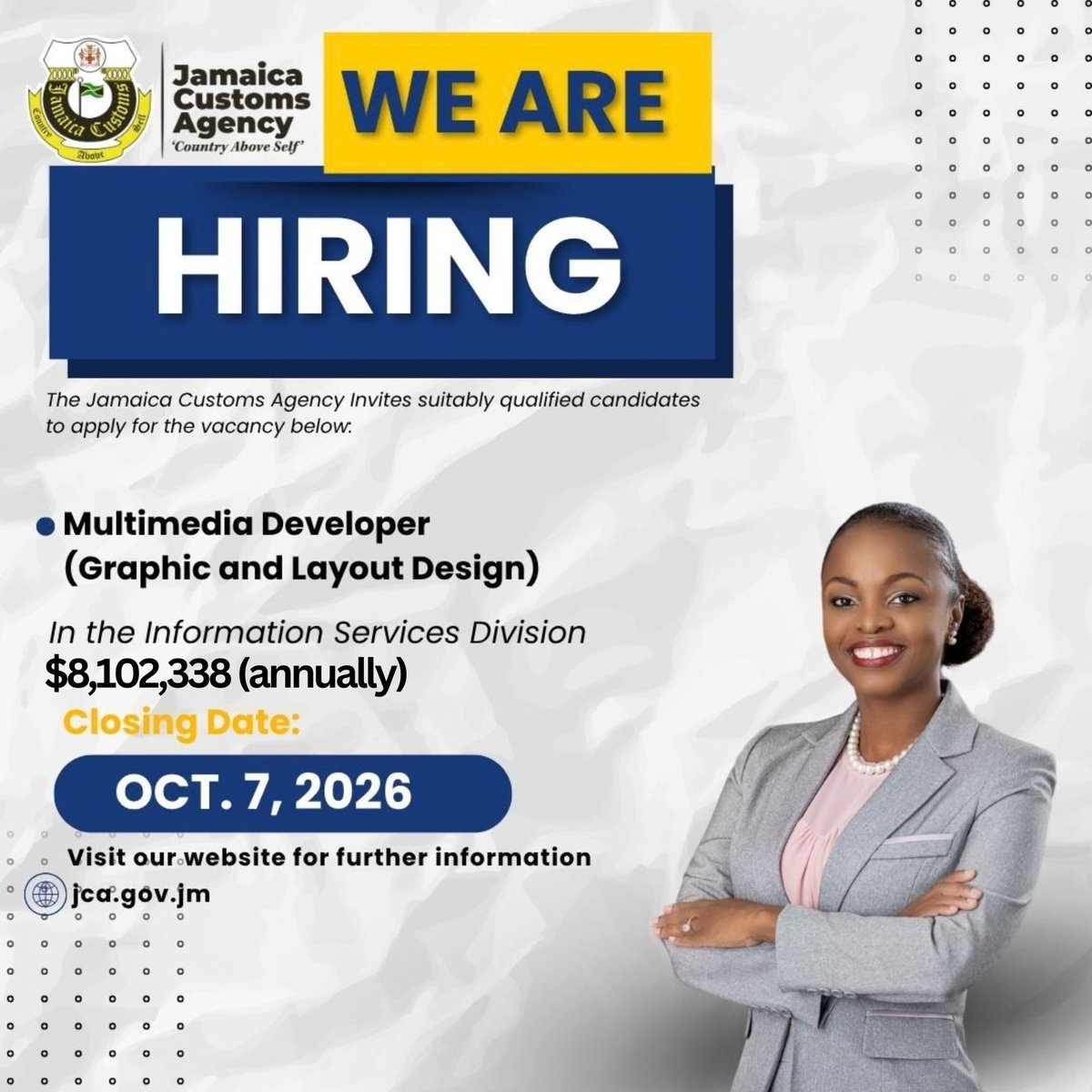 jamaicacustoms's tweet photo. Good with graphics? Customs is hiring a Multimedia Developer (Graphics &amp; Layout) to handle print, digital signage, ID credentials &amp; more.
- $8,102,338/yr
- Closes Oct. 7, 2026
- https://t.co/15Hdipzzw5
Share this with someone who'd crush this https://t.co/jHW4JxqMTs