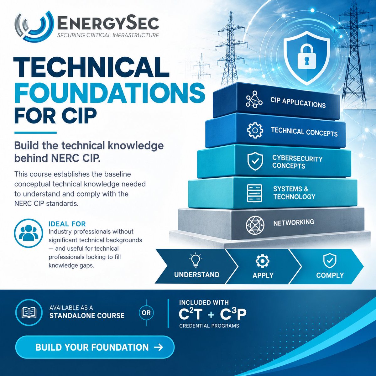 EnergySec's tweet photo. 🔧 Build your technical foundation for NERC CIP.

Technical Foundations for CIP establishes the conceptual technical knowledge needed to better understand and comply with the NERC CIP standards.

📚 Available as a standalone course or included in the C²T and C³P credential programs.

👉 Start building your foundation today.
🔗 Technical Foundations: https://t.co/U9mdFQ9bRM
🔗C²T and C³P Credential Program Info: https://t.co/pM9akCOhMz

#C3P #C2T #NERCCIP #EnergySec #ProfessionalDevelopment