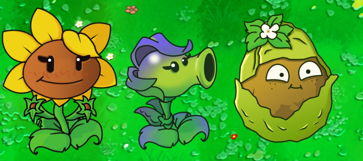 BunnyBoomBlasty's tweet photo. EL TRIO ESTA COMPLETO! la nuez con su flor se llama Noutty! aqui para el imaginario pvz roguelike, las plantas "flor" boostean a las plantas a su alrededor asies uwu https://t.co/RFuM1Vp5Vl
