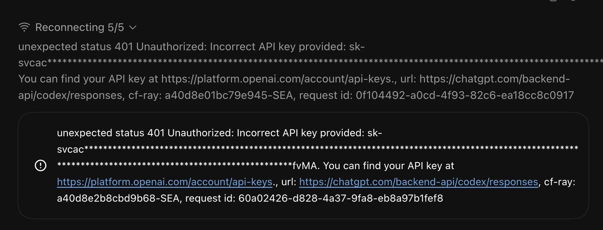 aidenybai's tweet photo. codex down? 401 Unauthorized: Incorrect API key provided

@ChatGPT https://t.co/Lw3Ly9p3fC