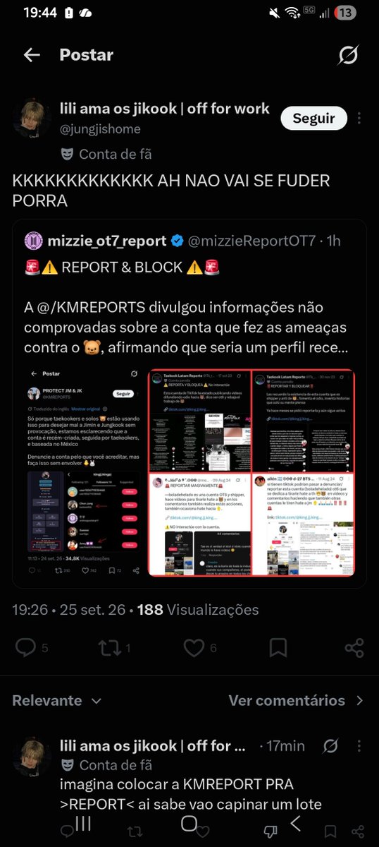 mizzieReportOT7's tweet photo. Podem me chamar de sonsa, podem surtar nos comentários e inventar a narrativa que quiserem. Um fodas bem grande no meio do rabo de vocês.

Eu já sabia exatamente que essa seria a reação de algumas antes mesmo de postar, porque é sempre o mesmo padrão: quando a verdade incomoda, em vez de encararem os fatos, vocês preferem arrumar mil desculpas e partir para o deboche ou ataques pessoais. Para vocês, desinformação e ameaças só parecem ser sérias quando convém.

Mas fiquem sabendo de uma coisa: eu não vou aceitar que passem pano para um assunto dessa gravidade e reduzam ameaças reais contra um integrante a uma simples rixa fútil de shippers.

Uma fanbase do tamanho daquela tem responsabilidade sobre o que publica.

Espalhar que uma conta que vinha sendo reportada desde 2023 é "perfil recente criado só para armar" é desonestidade intelectual e desvia o foco da segurança do artista, fora que para que ela falou sobre? Se ela nem reporta sobre o membro que foi ameaçado?

Minha conta de report é e sempre será OT7. Não tenho privilégios nem lado em guerra de fandom. Postarei qualquer perfil ou fb que cometer esse tipo de desserviço, doa a quem doer e contra quem for, desde que haja provas suficientes.

Debochem o quanto quiserem, porque xingamento não apaga fatos e a minha prioridade continua sendo a proteção dos 7 membros.