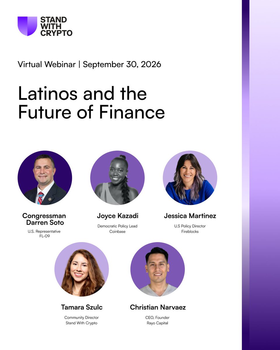 standwithcrypto's tweet photo. Stand With Crypto: Latinos and the Future of Finance

This Hispanic Heritage Month, join us for a virtual conversation on how Latino communities are building, investing, and leading in crypto.

🗓️ Wednesday, September 30
🕒 3 PM ET
🎙️ @RepDarrenSoto, @jkazadi, @Jessi_inDC, @NarvaezChris_ and @tamaraszulc