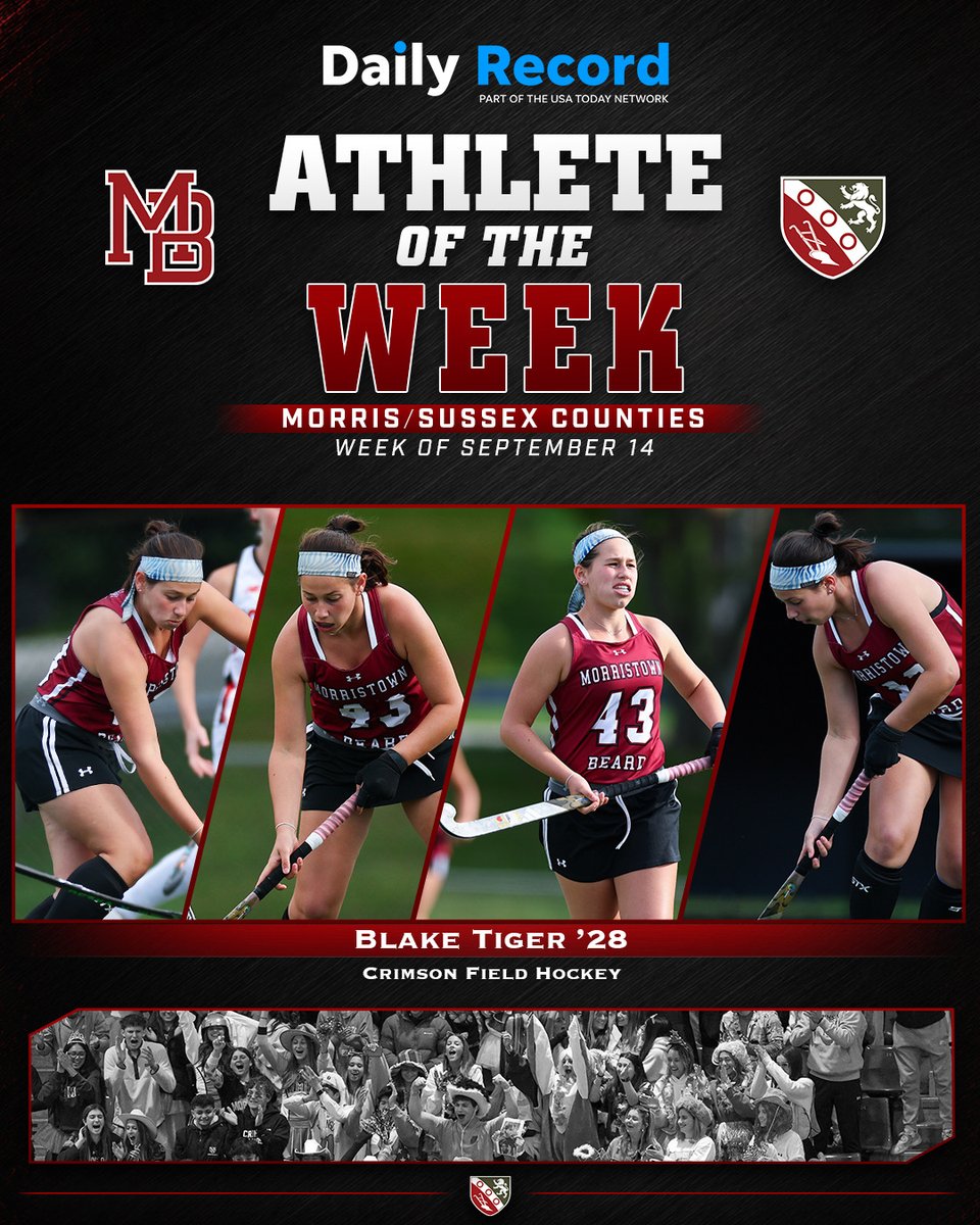 AthleticsMBS's tweet photo. Congratulations to Blake Tiger ’28 on being named the Daily Record Morris/Sussex Athlete of the Week! Another well-deserved honor for the Crimson Field Hockey standout. Congratulations, Blake @morristownbeard @mbsgirlsfieldhockey_ #GoMoBeard https://t.co/CmWmb94fNh