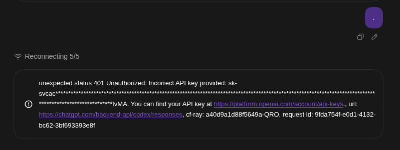 eddndev's tweet photo. @thsottiaux I'm not using an API key. I'm trying to use my ChatGPT subscription. I already logged out and switched accounts, but it still throws this 401 'Incorrect API key' error when hitting the codex endpoint. Any idea what's going on? 😢 https://t.co/ZhvoQBbsEo