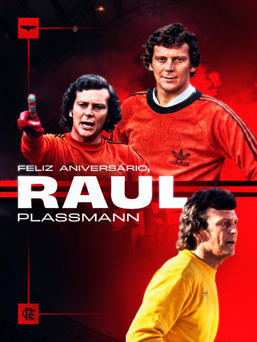 Flamengo's tweet photo. Na galeria dos que vestiram a Camisa 1 do Clube de Regatas do Flamengo, o nome de Raul Plassmann figura, sem sombra de dúvidas, entre os mais icônicos da nossa história. 🧤

Como goleiro da nossa Geração de Ouro e com mais de 200 jogos vestindo o Manto Sagrado, Raul conquistou o Mundo e a Libertadores (1981), foi tricampeão Brasileiro (1980, 1982 e 1983) e tetracampeão Carioca (1978, 1979, 1979-Especial, 1981).

No dia em que completa 82 anos de vida, não poderíamos deixar de agradecer por tudo que fez pelo Clube de Regatas do Flamengo e desejar um feliz #aniversário! Felicidades e Saudações Rubro-Negras! ❤️🖤