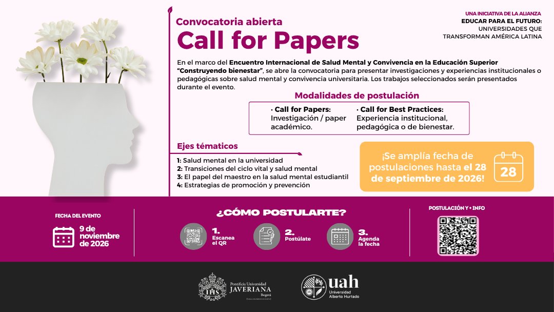 LEEJaveriana's tweet photo. 🚨 El LUNES 28 de sept. cierra la convocatoria para postular tu paper o proyecto sobre #SaludMental y convivencia en educación superior.
¡Si aún no has enviado tu propuesta, todavía estás a tiempo!
📝 Postula: https://t.co/VNG7IaKxZW https://t.co/n4r66IL9wq