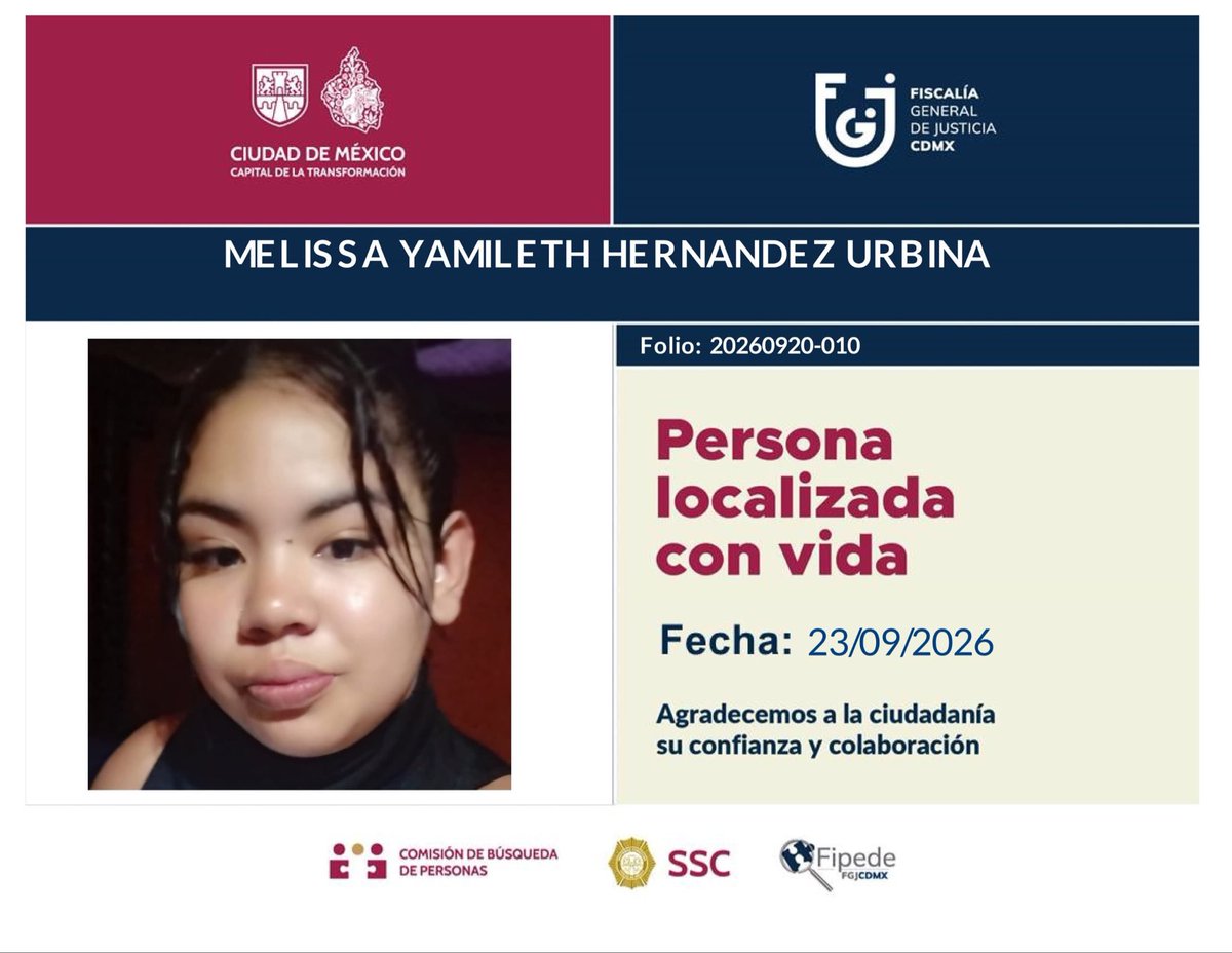 luisgoneg's tweet photo. Informo la localización de Melissa Yamileth Hernández Urbina, Carolina Aiko Chávez Herrera y Scarlet Virginia Ochoa Magaña, quienes fueron reportadas como desaparecidas el pasado 22 de septiembre.

Las tres se encuentran bien, no fueron víctimas de ningún delito y ya están en compañía de sus seres queridos.

Agradecemos a la @FiscaliaCDMX, @SSC_CDMX y a la ciudadanía que mediante la colaboración se pudieron realizar de manera oportuna las acciones necesarias para su búsqueda y localización.

🔎 Cada reporte es atendido. Cada búsqueda importa.

#TodasyTodosBuscamos #QueNadieNosFalte
