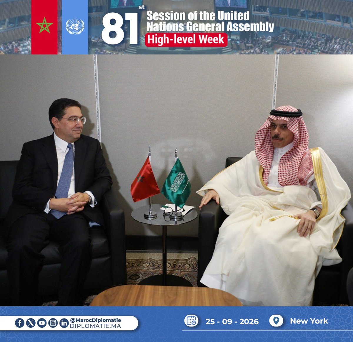 Marocdiplo_EN's tweet photo. 🇲🇦- 🇸🇦On the sidelines of the High-Level week of the 81st session of the UN General Assembly, MFA Nasser Bourita held talks, today in New York, with his counterpart from Saudi Arabia, Prince Faisal bin Farhan bin Abdullah bin Faisal bin Farhan Al Saud
@FaisalbinFarhan https://t.co/m6fS5zc25J