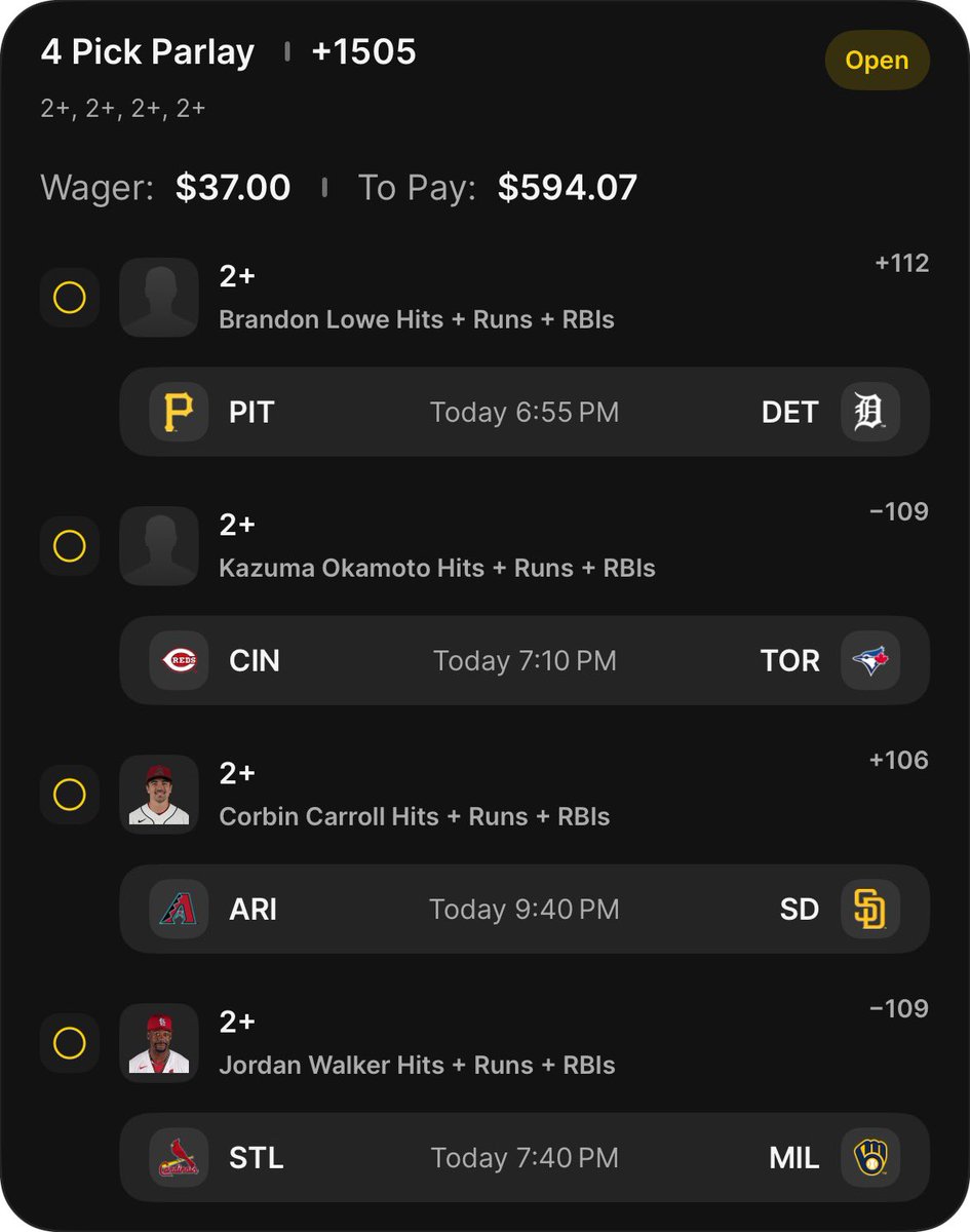 FFGJiggy's tweet photo. 4 Leg HRR ⚾️
#MLB  #MLBPARLAY https://t.co/LxDPSqu5H8