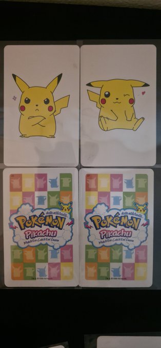 Four Pokémon Trading Card Game cards featuring Pikachu, including two base cards showing the character standing and winking, and two promo cards with colorful patterned backs.