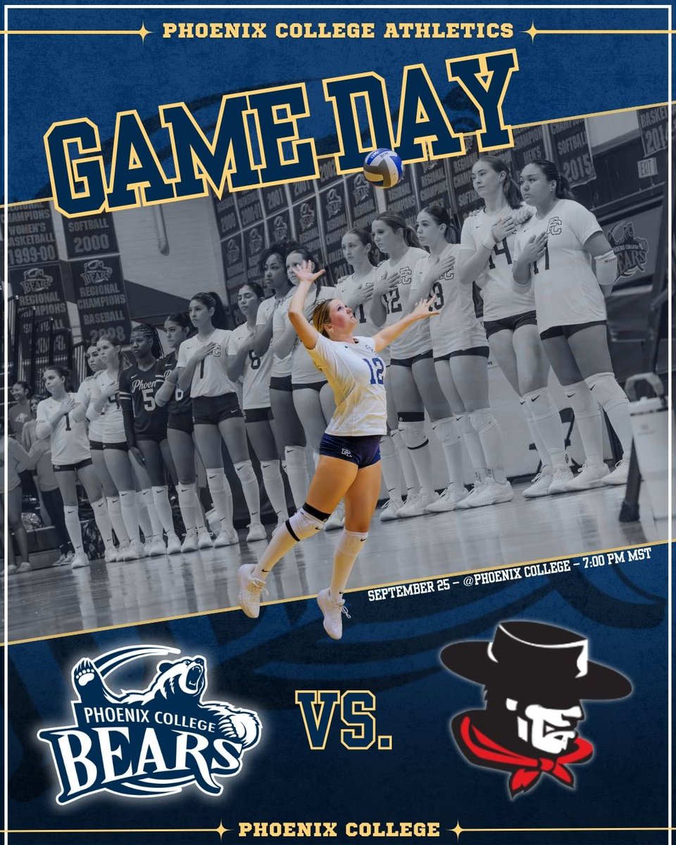 PC_Bears's tweet photo. 🏐 GAME DAY! 🏐

Phoenix College Women’s Volleyball is back at home! 🔥

📅 September 25
⏰ 7:00 PM
📍 Phoenix College
🏠 HOME GAME

Come out, bring the energy, and support the Bears! 🐻💙

#PhoenixCollege #PCBears #WomensVolleyball #GameDay #GoBears #Volleyball https://t.co/CCwBmU84p5