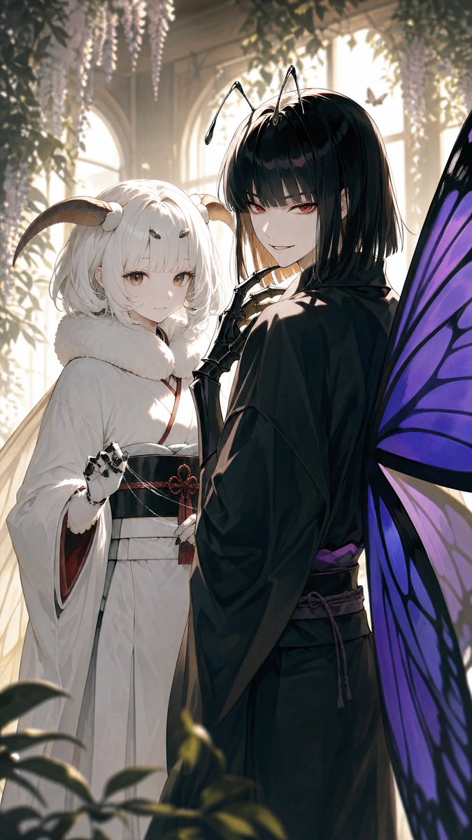 Kurohachi05's tweet photo. #AI私のオリキャラを見て
おはようございます、ロゼさん

オリキャラ沢山いますが、アカウント画像の2人をきちんと紹介した事なかったのでこの2人で

一応、兄妹設定です

よく触覚や翅がログアウトするので、割と生成に手間取る子達です

・紫雲(しうん)
蝶の妖怪(モチーフはオオムラサキ)
蝶の触覚と翅があり、手脚や胴から下は黒い外骨格に覆われている
化け蜘蛛の巣も破る程力は強く、夢に入る力を持つ
樹液が好物
一見親切だが、悪戯好き

・白(つくも)
蛾の妖怪(モチーフは蚕蛾)
蛾の触覚と翅があり、所々モフモフしている
自在に糸を出して紡ぐ力を持つ
子供時代は大食いだったが、今は少食
桑の実を好む
優しいが、兄に対してのみ時々辛辣