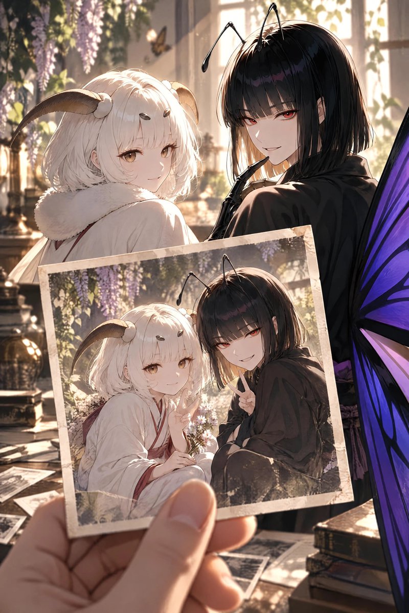 Kurohachi05's tweet photo. #AI私のオリキャラを見て
おはようございます、ロゼさん

オリキャラ沢山いますが、アカウント画像の2人をきちんと紹介した事なかったのでこの2人で

一応、兄妹設定です

よく触覚や翅がログアウトするので、割と生成に手間取る子達です

・紫雲(しうん)
蝶の妖怪(モチーフはオオムラサキ)
蝶の触覚と翅があり、手脚や胴から下は黒い外骨格に覆われている
化け蜘蛛の巣も破る程力は強く、夢に入る力を持つ
樹液が好物
一見親切だが、悪戯好き

・白(つくも)
蛾の妖怪(モチーフは蚕蛾)
蛾の触覚と翅があり、所々モフモフしている
自在に糸を出して紡ぐ力を持つ
子供時代は大食いだったが、今は少食
桑の実を好む
優しいが、兄に対してのみ時々辛辣