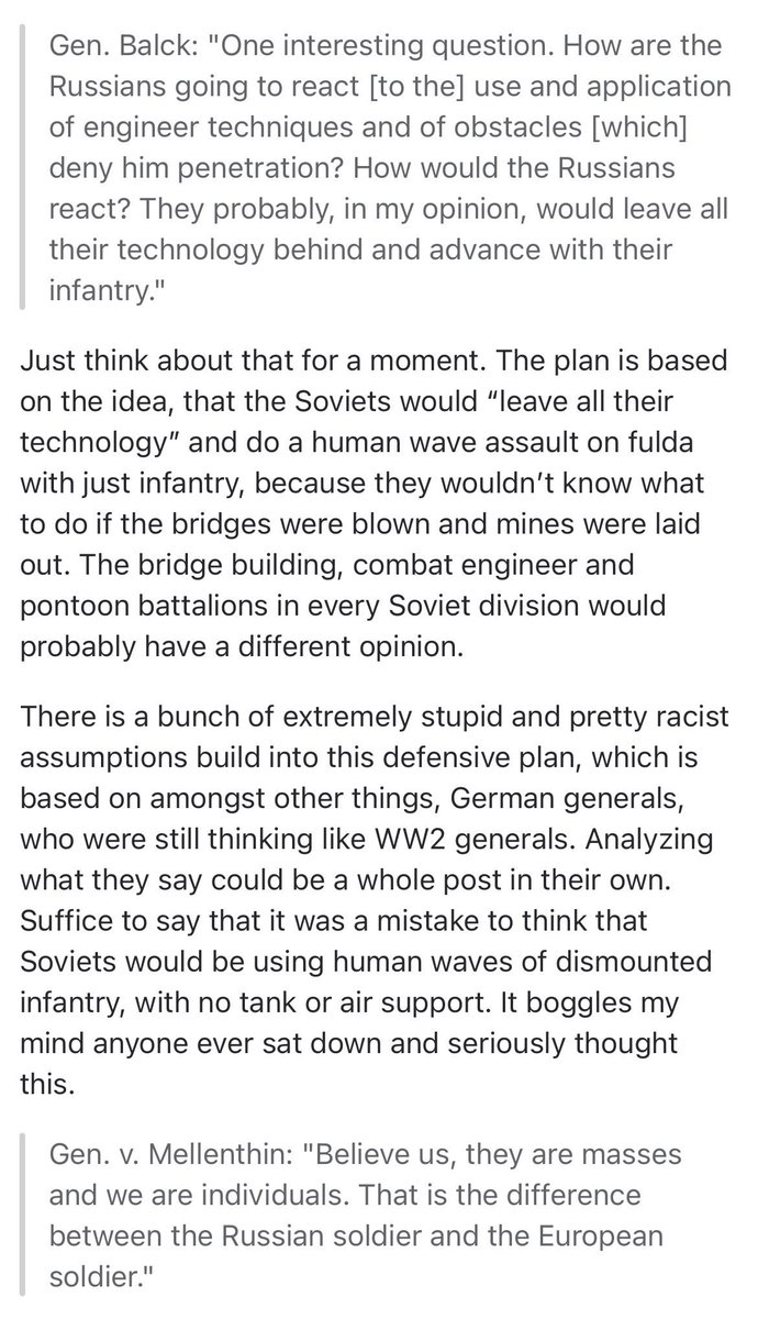 ElectricD704591's tweet photo. @warsthtdnthapn The US honest to god thought the Soviets were too stupid to build bridges or to use their amphibious capability on their vehicles. 1980s war planning believed the Soviets would abandon their vehicles and use human wave tactics after reaching rivers. https://t.co/4BnnGEueCd