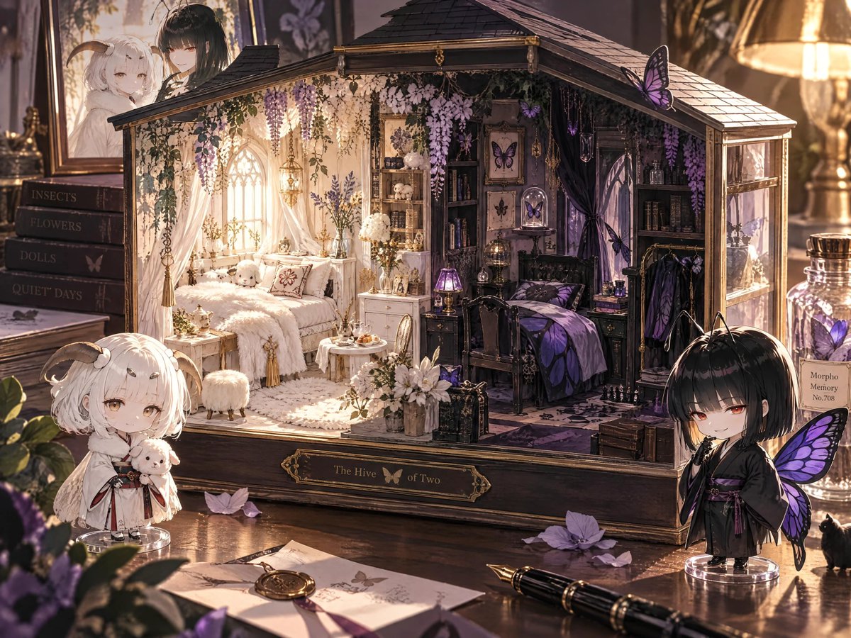 Kurohachi05's tweet photo. #AI私のオリキャラを見て
おはようございます、ロゼさん

オリキャラ沢山いますが、アカウント画像の2人をきちんと紹介した事なかったのでこの2人で

一応、兄妹設定です

よく触覚や翅がログアウトするので、割と生成に手間取る子達です

・紫雲(しうん)
蝶の妖怪(モチーフはオオムラサキ)
蝶の触覚と翅があり、手脚や胴から下は黒い外骨格に覆われている
化け蜘蛛の巣も破る程力は強く、夢に入る力を持つ
樹液が好物
一見親切だが、悪戯好き

・白(つくも)
蛾の妖怪(モチーフは蚕蛾)
蛾の触覚と翅があり、所々モフモフしている
自在に糸を出して紡ぐ力を持つ
子供時代は大食いだったが、今は少食
桑の実を好む
優しいが、兄に対してのみ時々辛辣