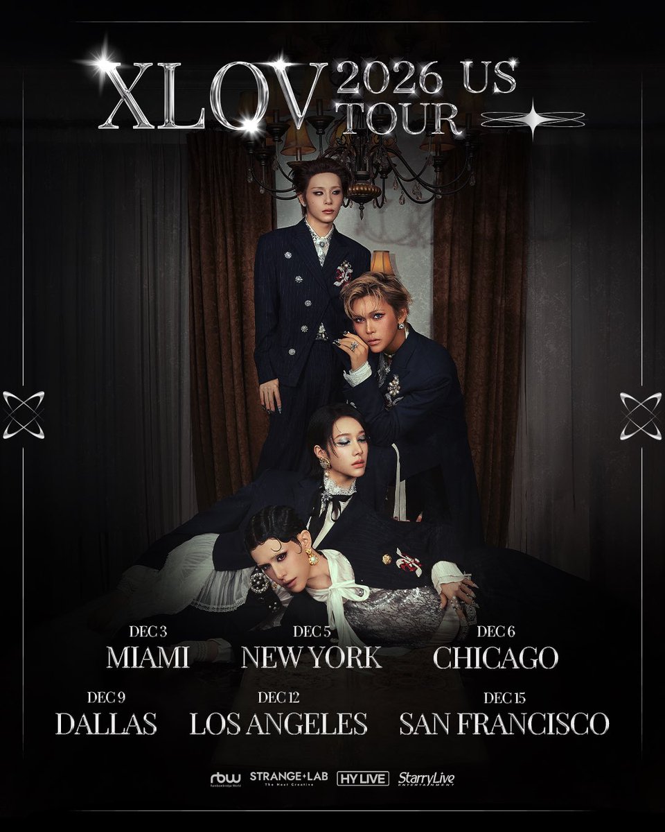StarryLiveEnt's tweet photo. XLOV US TOUR 2026

EVOL, THE WAIT IS OVER. ️‍
XLOV IS FINALLY COMING TO THE US.

This December, XLOV takes their next chapter across the US with their first-ever US tour.

Six cities. Six stages. One unforgettable journey with EVOL.

📍 DEC 3 · MIAMI
📍 DEC 5 · NEW YORK
📍 DEC 6 · CHICAGO
📍 DEC 9 · DALLAS
📍 DEC 12 · LOS ANGELES
📍 DEC 15 · SAN FRANCISCO

A new chapter begins. Be there from the very first moment. 🖤

Tour and ticket details coming soon.
Stay tuned.

@starryliveent | https://t.co/CgRSep6E7b

#XLOV #엑스러브
#WUMUTI #우무티
#RUI #루이
#HYUN #현
#HARU #하루
#XLOVTour2026 #XLOVUSTour #StarryLive