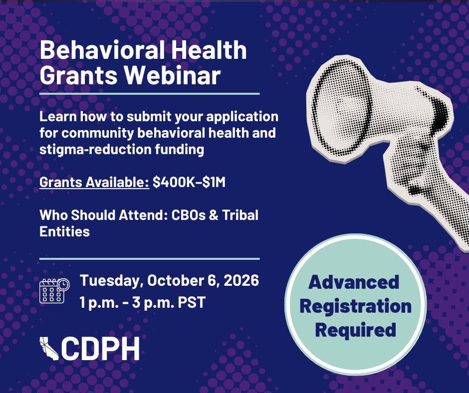 CAPublicHealth's tweet photo. Join our info webinar on California’s Behavioral Health grants! Learn how to apply for funding supporting community-driven wellness and stigma‑reduction projects. 
Oct 6, 1–3 PM PT. Register below 
https://t.co/zfFoXsNdAa https://t.co/ARoOUe1gdE