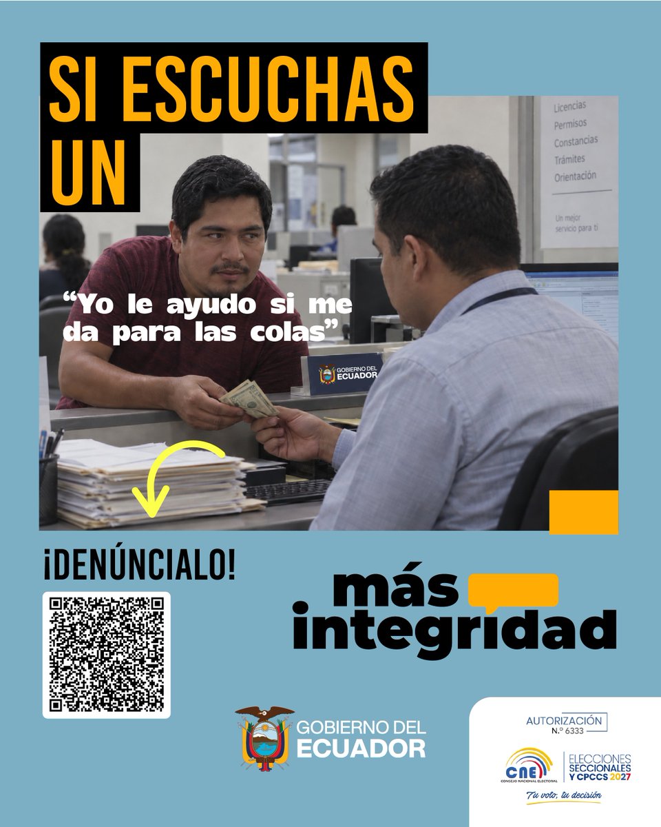 EcuadorTV's tweet photo. #ElNuevoEcuador

Si escuchas o identificaste a alguien que promueve la corrupción, denuncia de manera anónima y contribuye a combatir ese acto. https://t.co/eVztGLEUPW