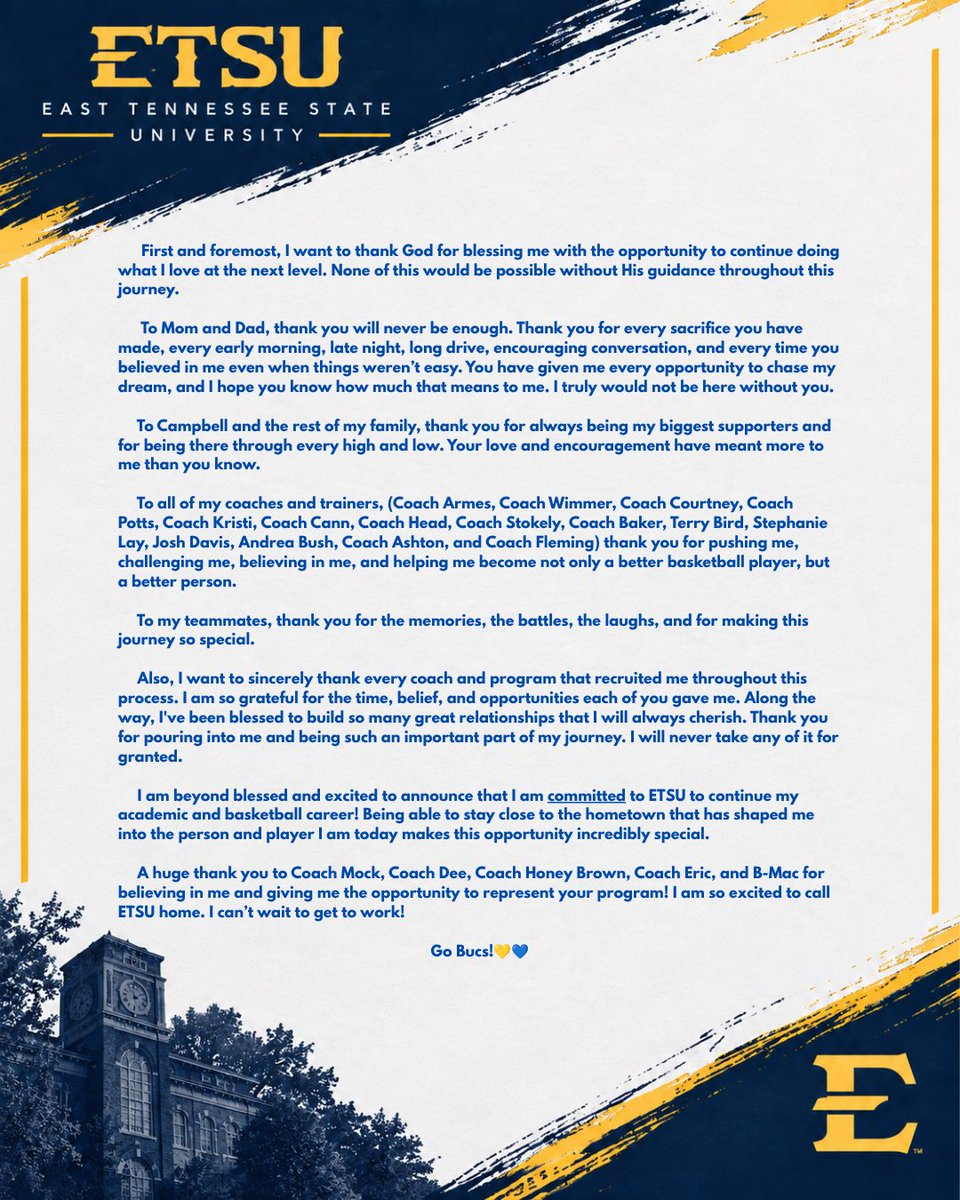 CarterLJones's tweet photo. #COMMITTED to @ETSU_WBB 

💙💛💙💛

@CoachMockETSU @honeyb14 @NadiriaEvans0 @coachgracia 
@TrottersArmes @JustinWimmer 
@WhitsonCourtney @DBHS_GBB @KCS__Athletics @e3elitevertimax @parrotheadvol https://t.co/Pk8syChW4C