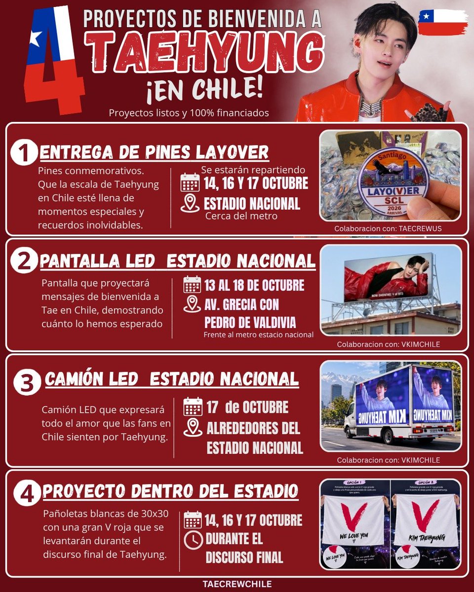 Taecrewchile's tweet photo. PROYECTOS PARA RECIBIR A TAE EN CHILE 🇨🇱

Después de meses de trabajo y organización, por fin podemos compartir todos los proyectos que se prepararon con mucho cariño para hacer de su visita un momento lleno de amor

Gracias a todos quienes apoyaron y confiaron💜
#taehyung #v https://t.co/oEyFulqgm8