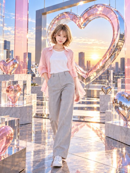 A young woman in a pink shirt and gray trousers poses in a mirrored art installation featuring large pink heart sculptures with a city skyline at sunset in the background.