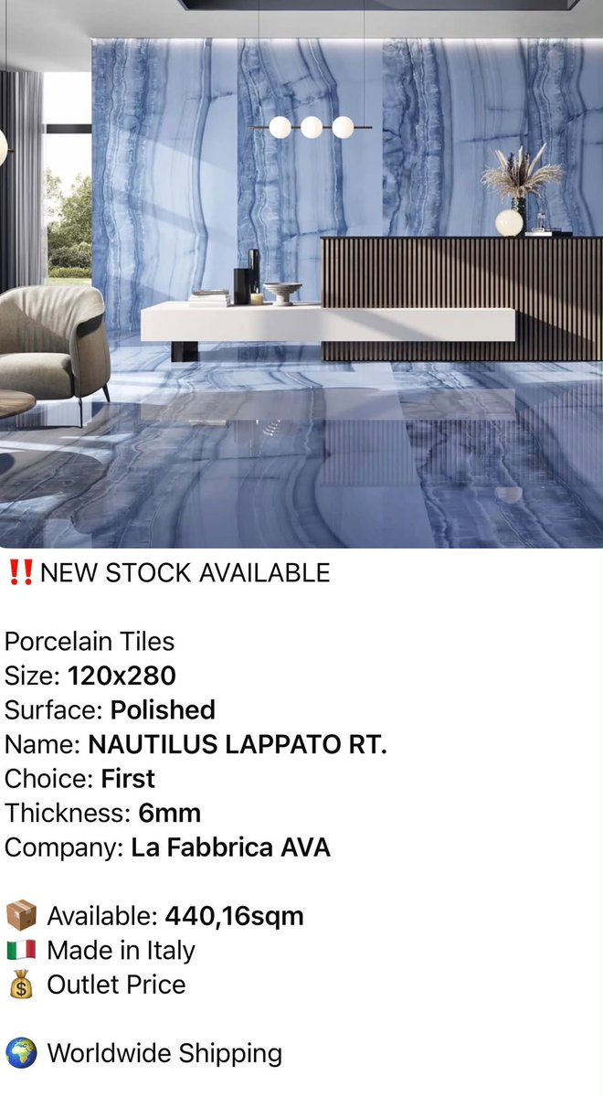 lineabaor's tweet photo. 120x280 NAUTILUS LAPPATO
LA FABBRICA AVA  
1 choice, 6 mm, rectified, polished 
Made in Italy 🇮🇹
Pro informaci +420 775 250 962 https://t.co/QnjlbY5fWt
