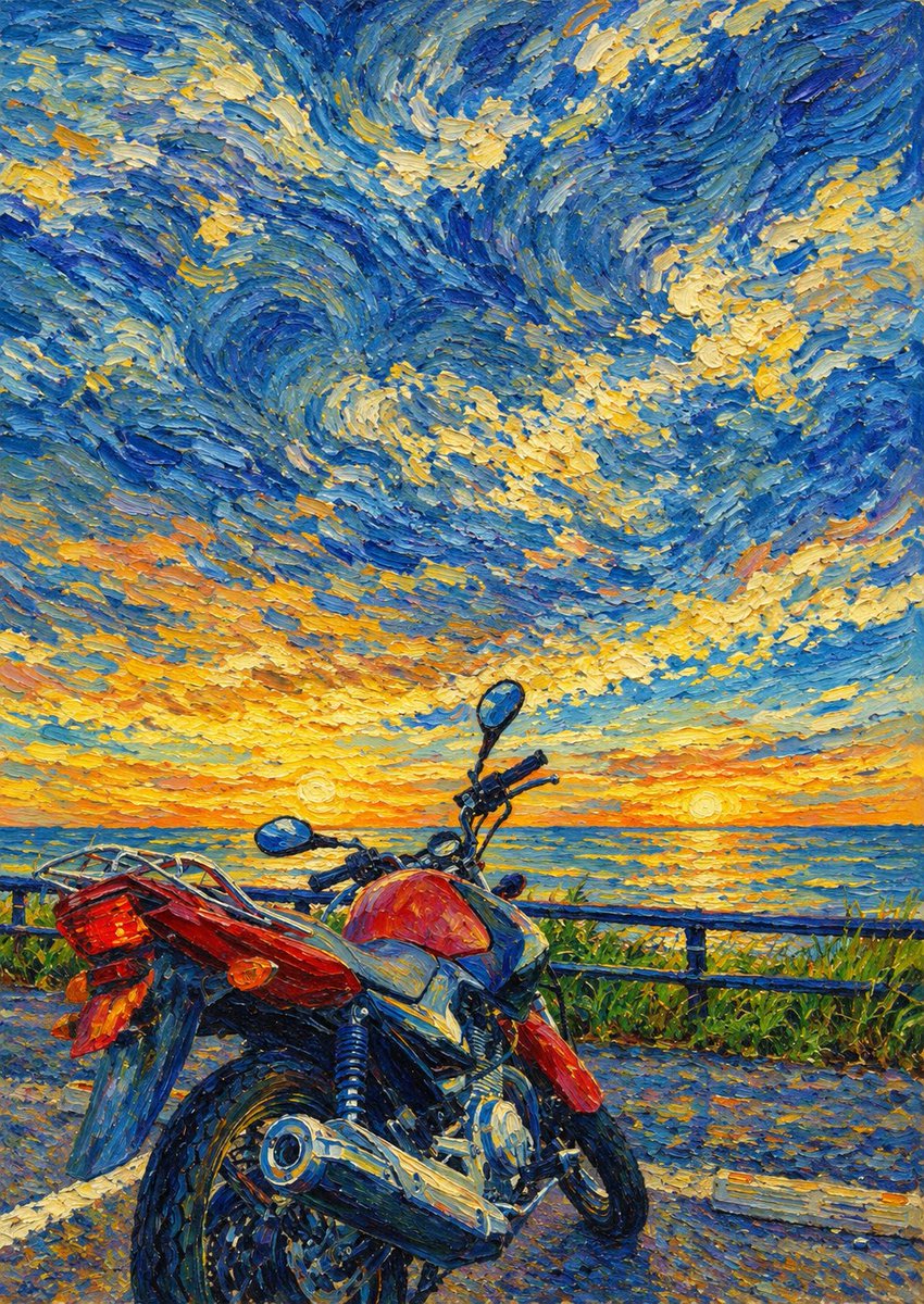 Pengiesfp's tweet photo. Saturday morning
It's raining today so I can't ride, so I'm sending you some previously taken photos that I processed using AI to give them a Van Gogh-esque feel.
＃YBR125 https://t.co/XTGuX7589w