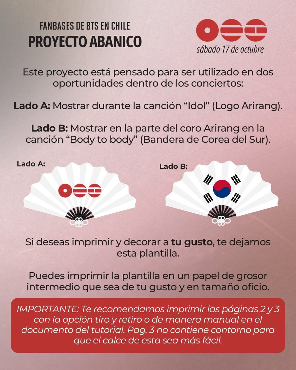 armychilensis's tweet photo. 🇨🇱 EL ARIRANG TOUR EN CHILE NOS RESPIRA EN LA NUCA

🪭 Por eso, te compartimos la plantilla del abanico (si no quieres comprarlo) que nos acompañará este 17 de octubre durante IDOL y Body to Body.

En la carrd está el documento y más detalles
https://t.co/09kxcBp0Zf https://t.co/Ge3bWh4rK5