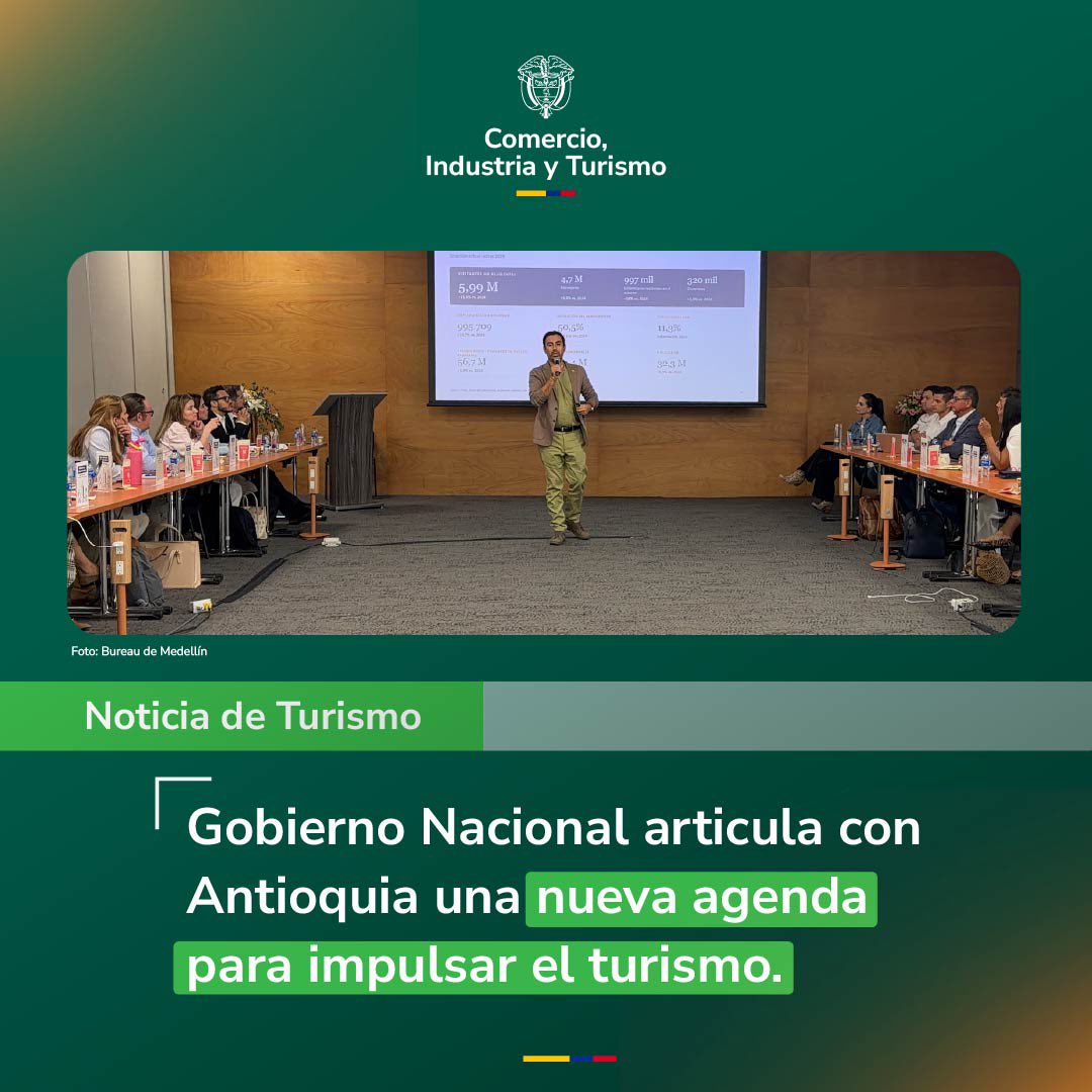 MincomercioCo's tweet photo. El Gobierno Nacional, junto a autoridades, gremios, empresarios, academia y Cámaras de Comercio, articuló nuevas acciones para fortalecer el turismo en Medellín y Antioquia.

Conectividad, formación, formalización, promoción e infraestructura son algunos de los retos que trabajaremos desde los territorios, junto a nuevas apuestas como el turismo industrial, los Pueblos Mágicos, ‘LATIR’ y el turismo de longevidad.

Desde la Patria Milagro, construimos un turismo de mayor valor que genere más inversión, empleo y oportunidades en las regiones. 🇨🇴

🔗: https://t.co/0K6kiu9dUb