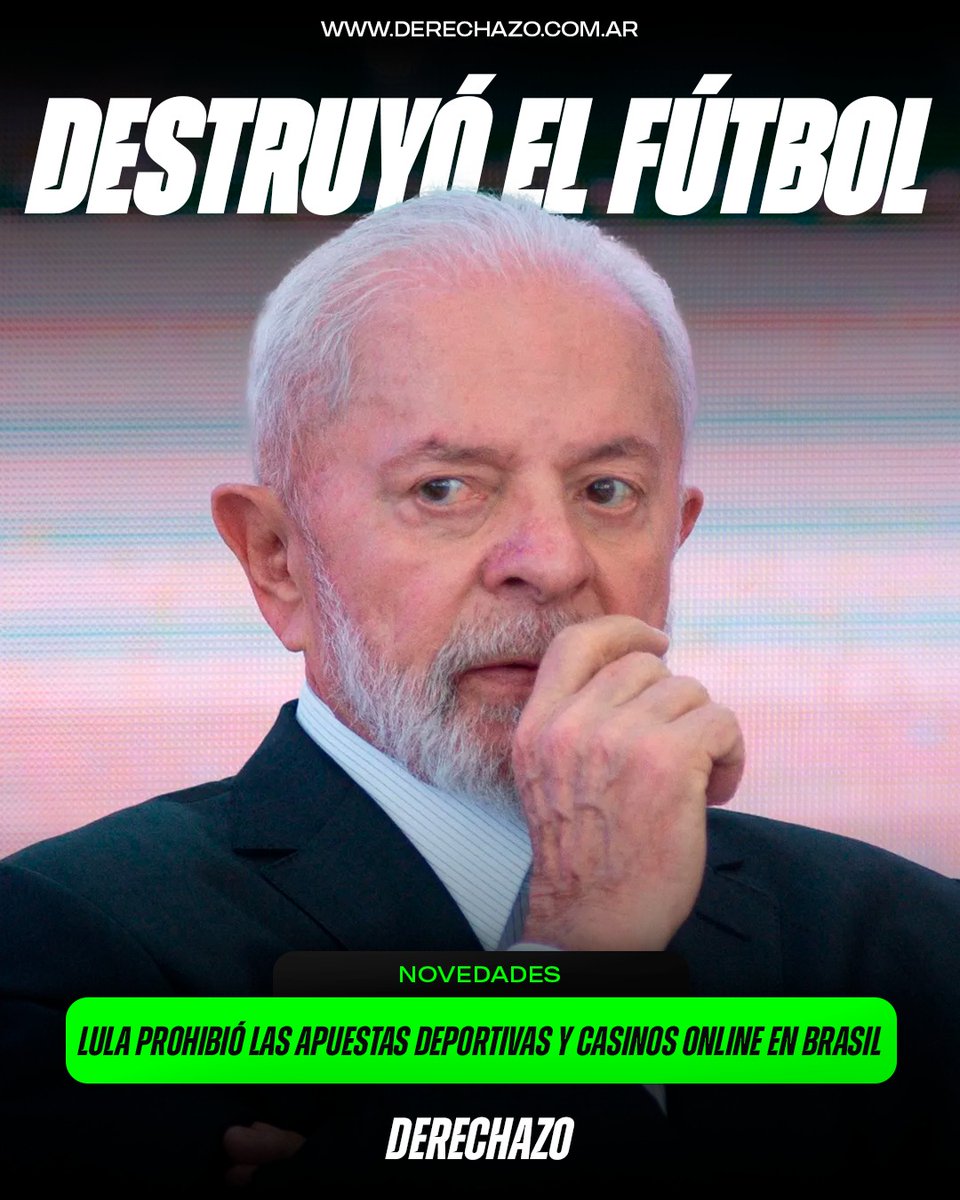 derechazoar's tweet photo. 🇧🇷🚨 LULA DESTRUYÓ EL FÚTBOL BRASILEÑO: El comunista prohibió las apuestas deportivas y casinos online pese al reclamo de todos los equipos de fútbol brasileño. 

‼️ Esta medida afectaría a todo el Brasileirao, el sponsor principal de la liga es Betano, y 15 de 20 clubes tienen de auspiciantes casas de apuestas.