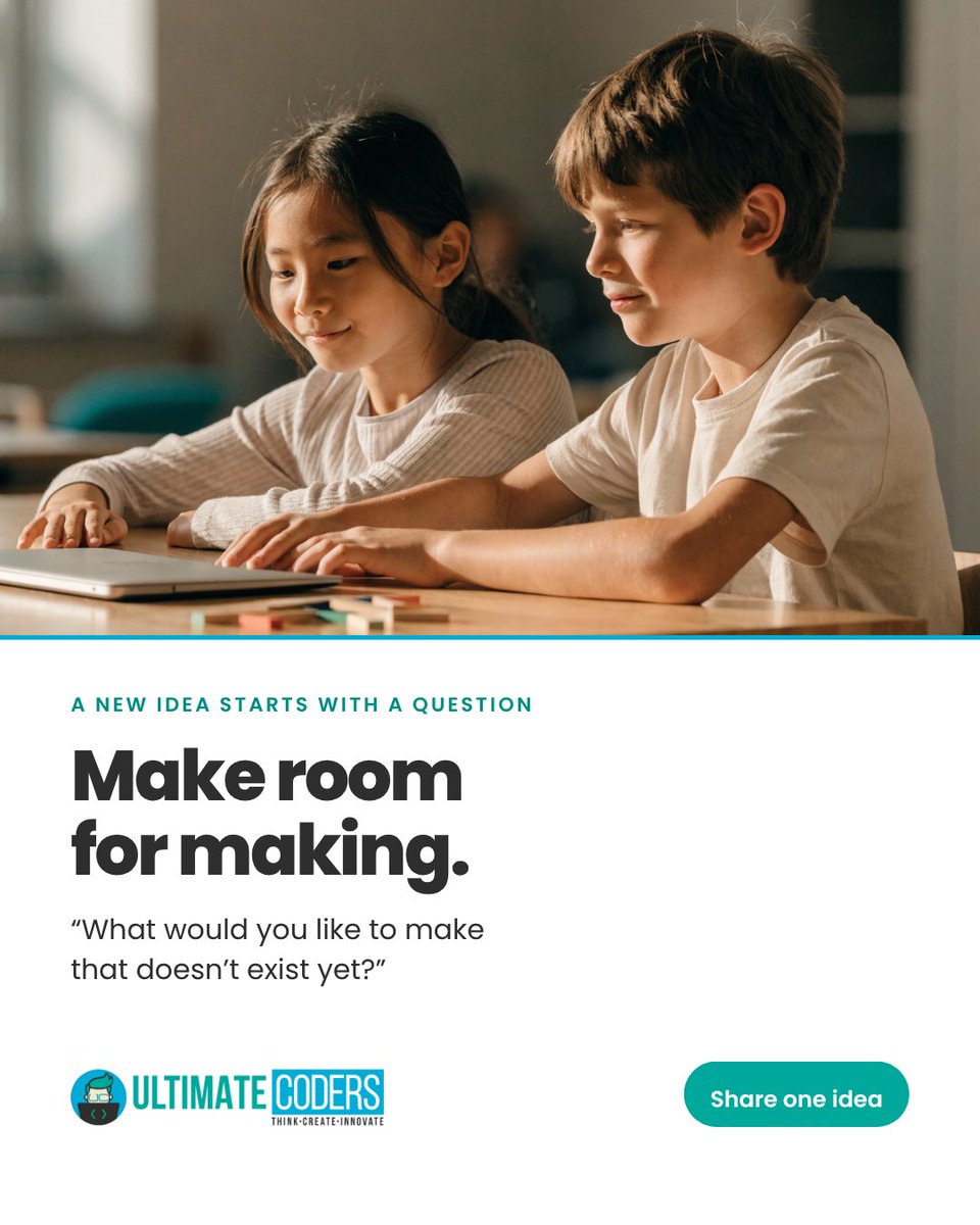 ultimatecoders's tweet photo. This school year, make room for making.

Ask your child: “What would you like to make that doesn’t exist yet?” A story, a tiny game or an invention can start a learning conversation.

Share an idea below.

#UltimateCoders #CreativeLearning https://t.co/iWCXhYEgoK
