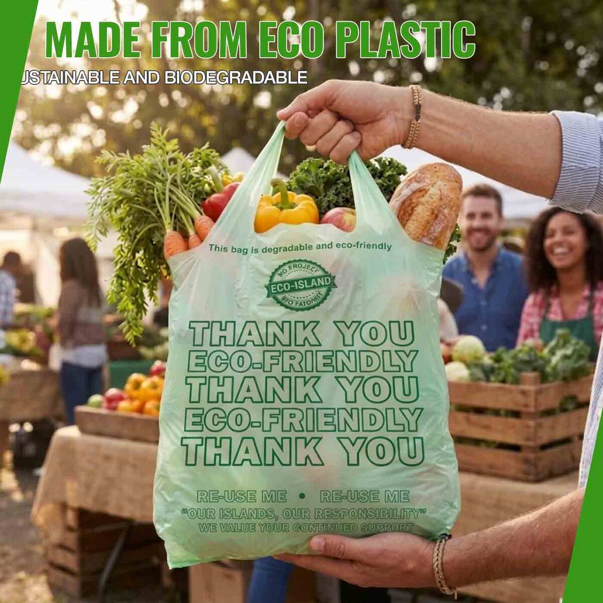 plasticpro3's tweet photo. Go greener with Eco-Island: T-Shirt Bag 12x7x22 Green Eco-Island 10/70. Case-pack ready for takeout, cafés &amp; events across the VI. Available now at https://t.co/iK2QfmJIhP · Call/WhatsApp +1 (284) 442-3331 | +1 (284) 542-3331. #EcoIsland #BVI #P3VI https://t.co/FQ4YG5Dt5f