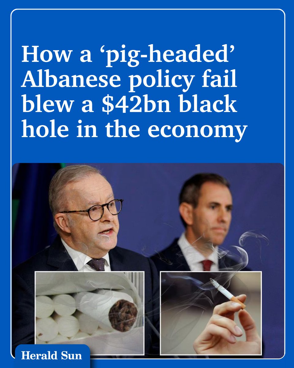 theheraldsun's tweet photo. The Albanese government’s soaring tobacco tax has led to a staggering loss in revenue — and it’s enough cash to build a brand new major hospital in every state and territory > https://t.co/zE305KCQog https://t.co/5geqGTcBWX