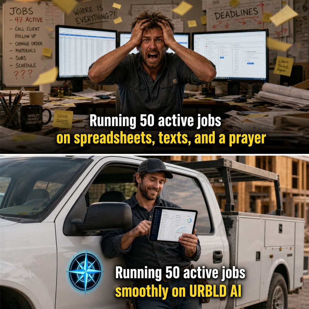 URBLDllc's tweet photo. Duct-taping spreadsheets and text threads together is not a project management strategy. It's a liability. Stop running 50 jobs on a prayer and consolidate your operations into one unified dashboard with URBLD AI.

#ConstructionTech #URBLD https://t.co/ug7m6fImOh